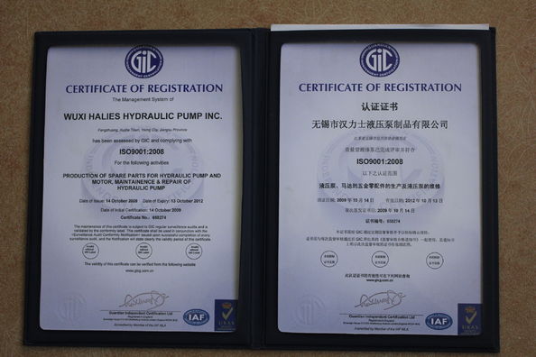 China WUXI HALIES HYDRAULIC PUMP INC certificaciones